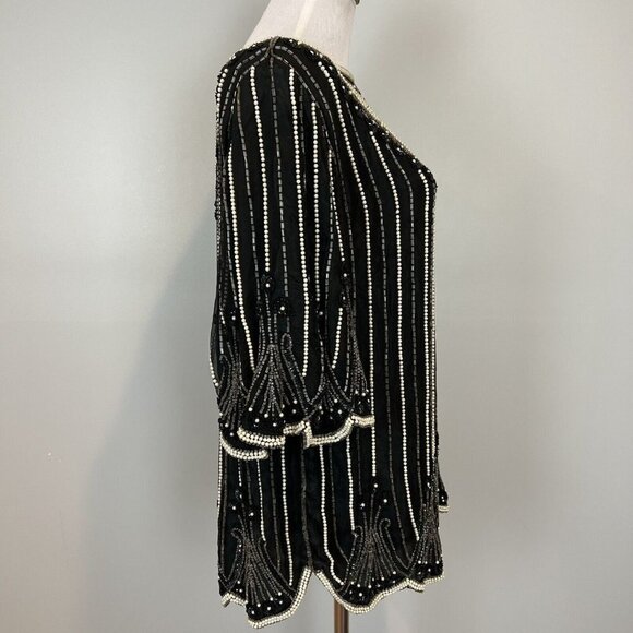 Vtg 80s Beaded Silk Blouse Silk Black White Stripe Small Boxy Oversized - Picture 4 of 11